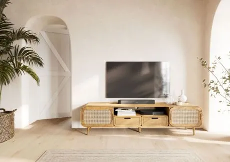 VALENCIA Szafka RTV #123 Mango naturalny lakierowany 200x40x50 cm